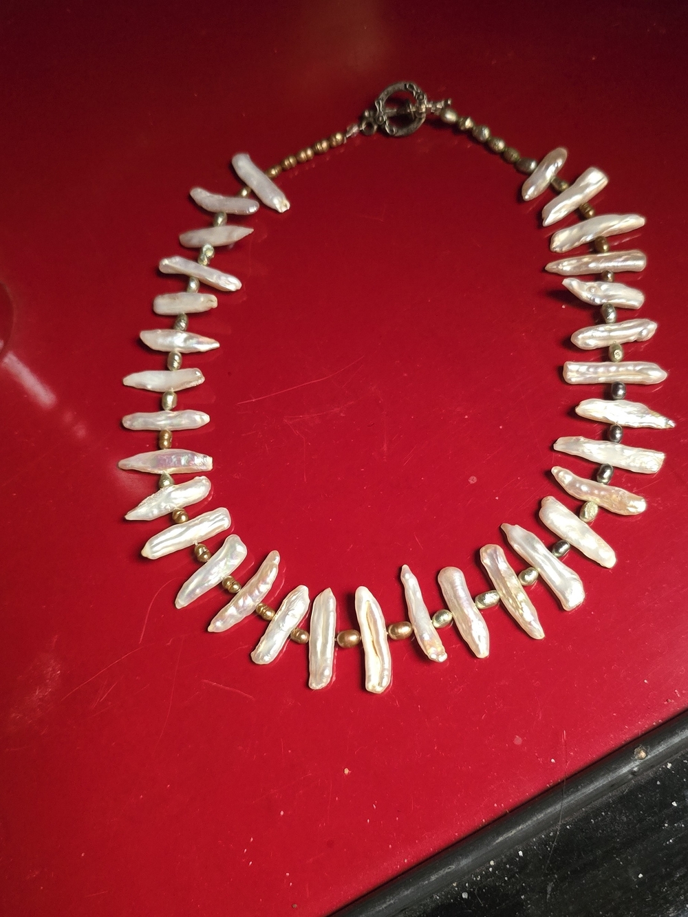 Boho Biwa Stick Pearl Collar Vintage 16 Inch Necklace Colored Seed Pearl Spacer
